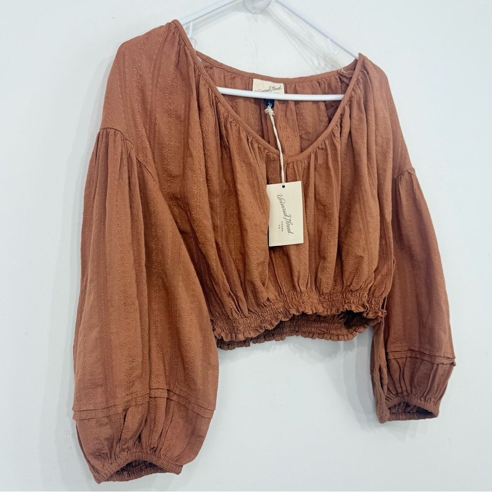 Universal Thread Rust Brown Cropped Puff Sleeve Peasant Blouse NEW - Picture 3 of 13